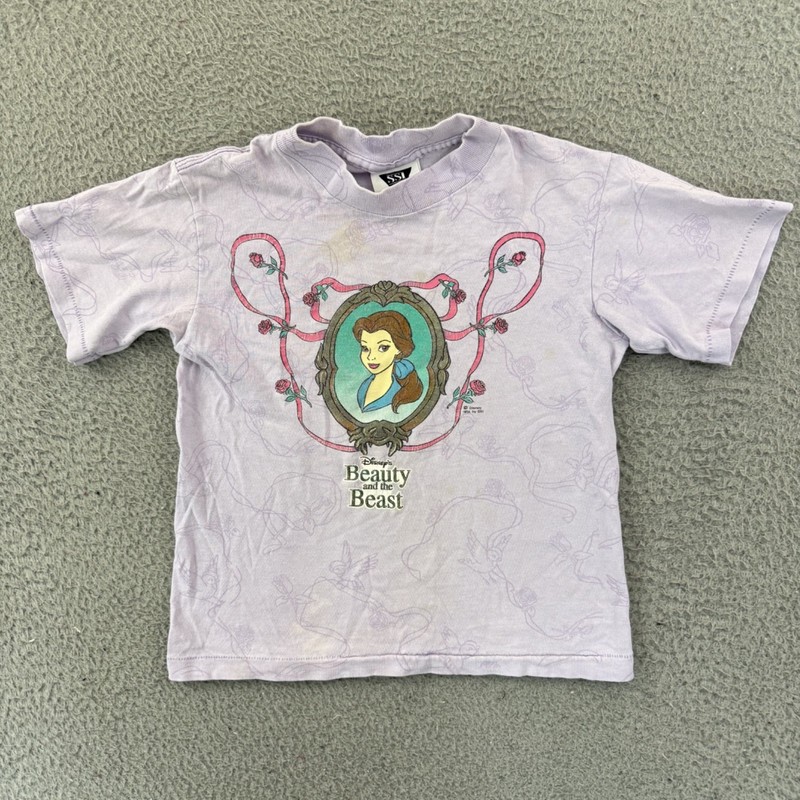Vintage Beauty And The Beast Shirt Girls 7/8 Belle Disney Short Sleeve 90s AOP
