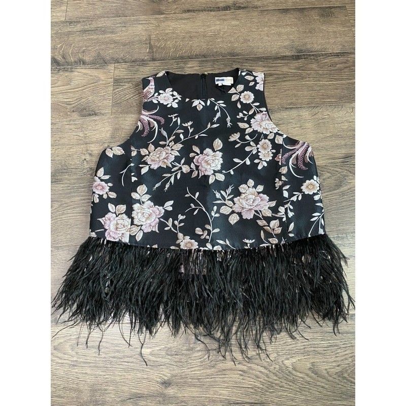 EUC Womens Kate Spade Madison Ave Chinoiserie Padma Top Black Feathers size 8