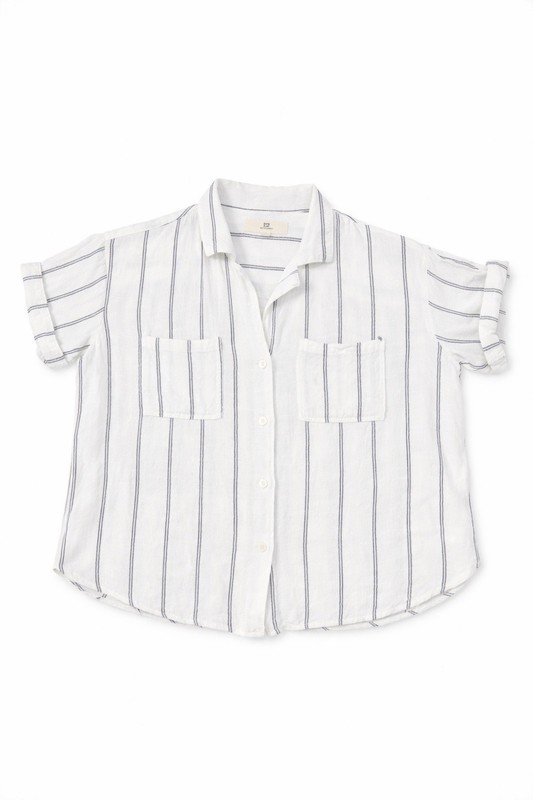 Thread & Supply Linen Blend Stripe Crop Top Women Sz L Boxy Short Sleeve Button
