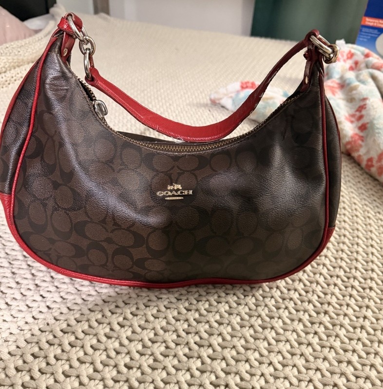 Coach Signature Terry ?Hobo ? Canvas Shoulder Bag – Gold/Brown 1941 Red