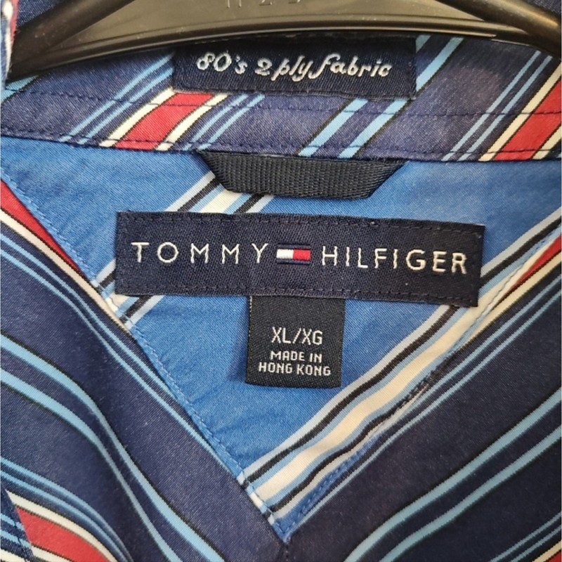 Men 80's Vintage Tommy Hilfiger Navy Blue Red White Striped Button-Down Shirt XL gallery
