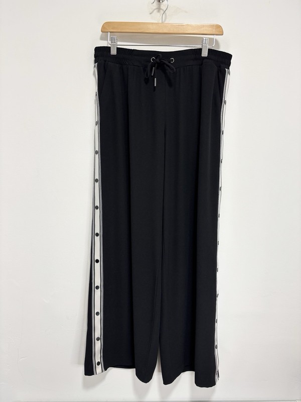 Mint Velvet Wide Leg Trousers Size 14 R Black Side Stripe Popper Elasticated