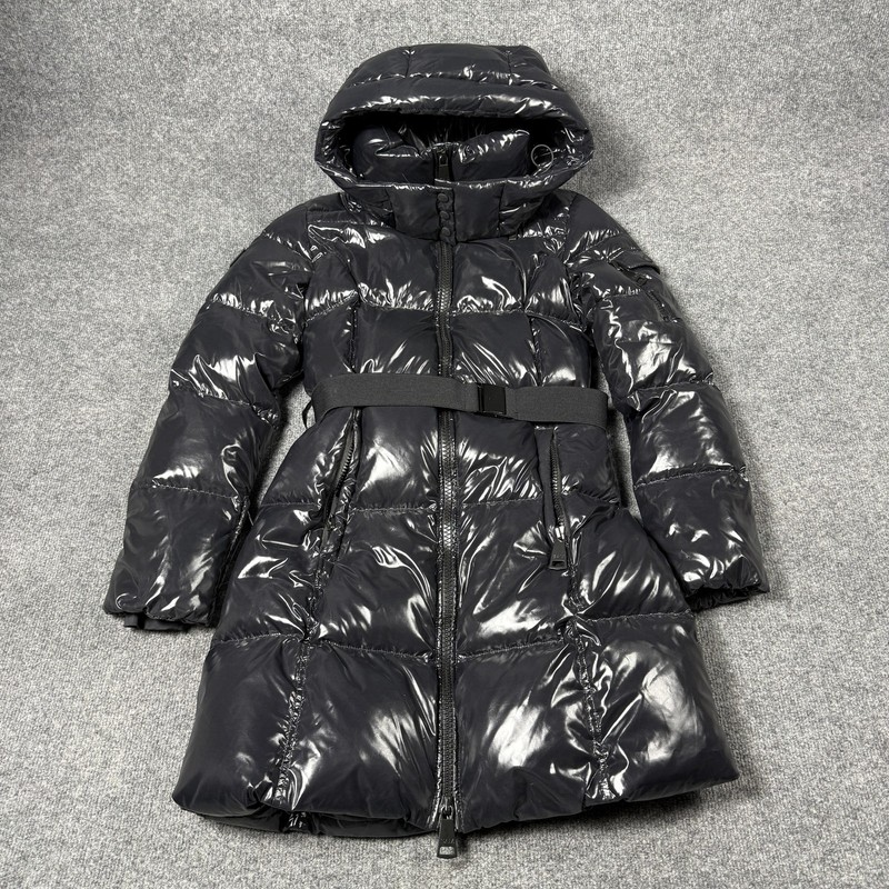 SAM. Down Puffer Coat Womens Medium Black Hooded Belted Quilted Mid Length