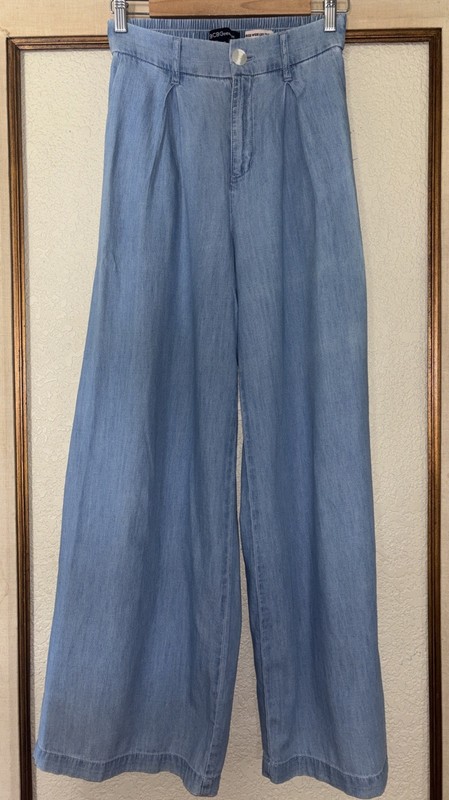 BCBG Generation WIde Leg Trouser Denim Pleat Front Wash Light Blue Sz XS