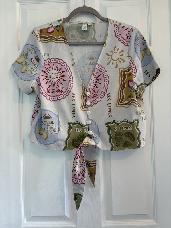 JOIE BLOUSE WOMEN 12 LE SOLEIL LEMONS LIMES LINED TOP BUTTON & WAIST TIE LINEN