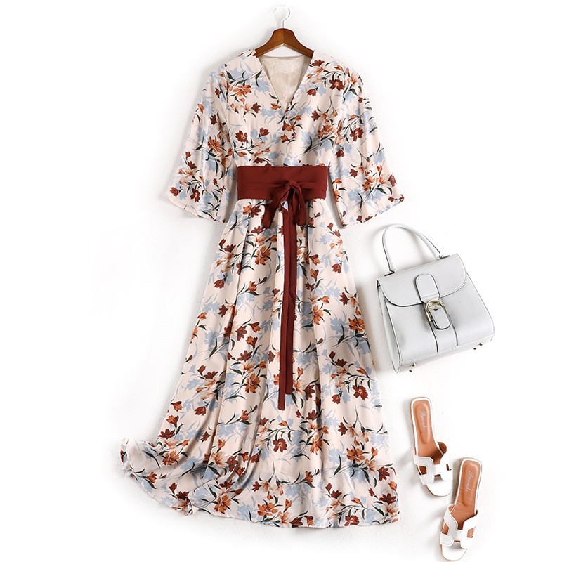 Women's Elegant Floral Chiffon Midi Dress V-Neck Wide Sleeve Red Tie Waist Boho