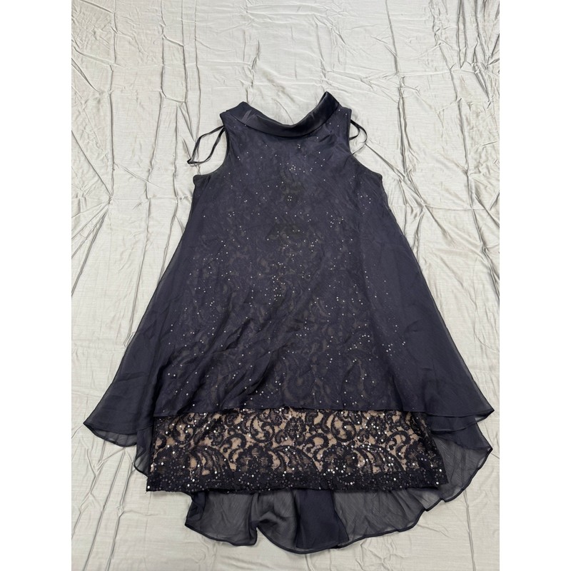 SLNY Black Chiffon Lace Sequin Overlay Cocktail Dress Size 16 Sleeveless Evening