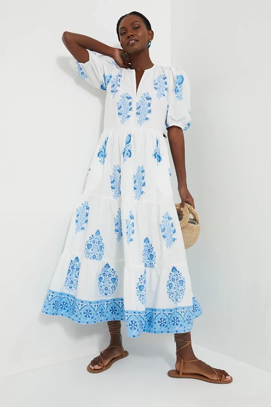NWT Oliphant Puff Sleeve Maxi in Laguna Blue Floral Cotton Dress L $328 gallery