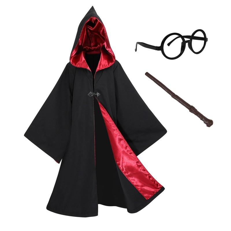 Kids Black Hooded Magic Coat, Wizard Robe with Wand, Glasses, Badge Perf...