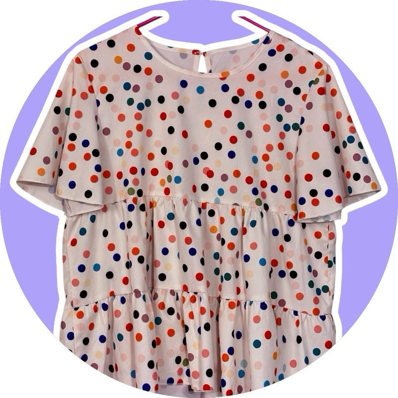 SheIn White Multicolor Polka Dot Round Neck Ruffle Flutter Sleeve Blouse L