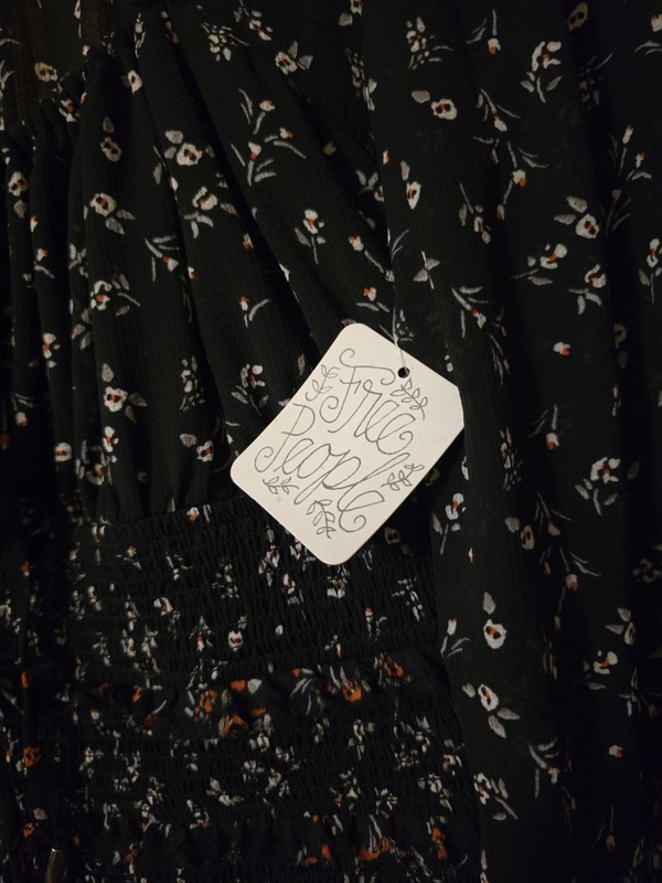 Free People Black Floral Chiffon Smocked Tie Cropped Puff Long Sleeve Blouse M gallery