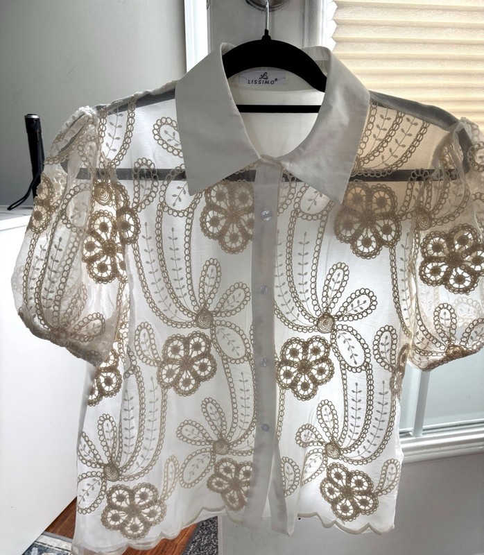 LISSIMO Women’s M White/Beige Floral Embroidered Lace Puff Sleeve Blouse