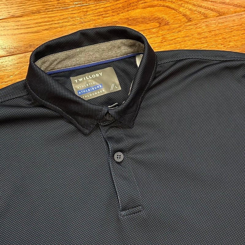 Twillory Athleisure Polo Golf Shirt Mens Large Performance Navy Blue Dot Pattern