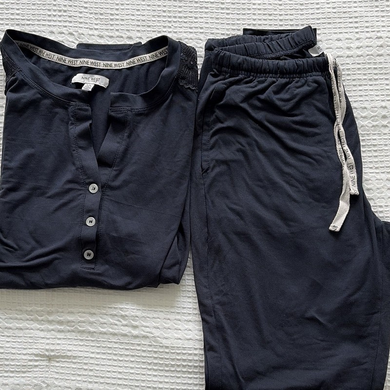 Nine West Women’s Navy Solid Henley Long Sleeve Pajama Set Button Lace S/P
