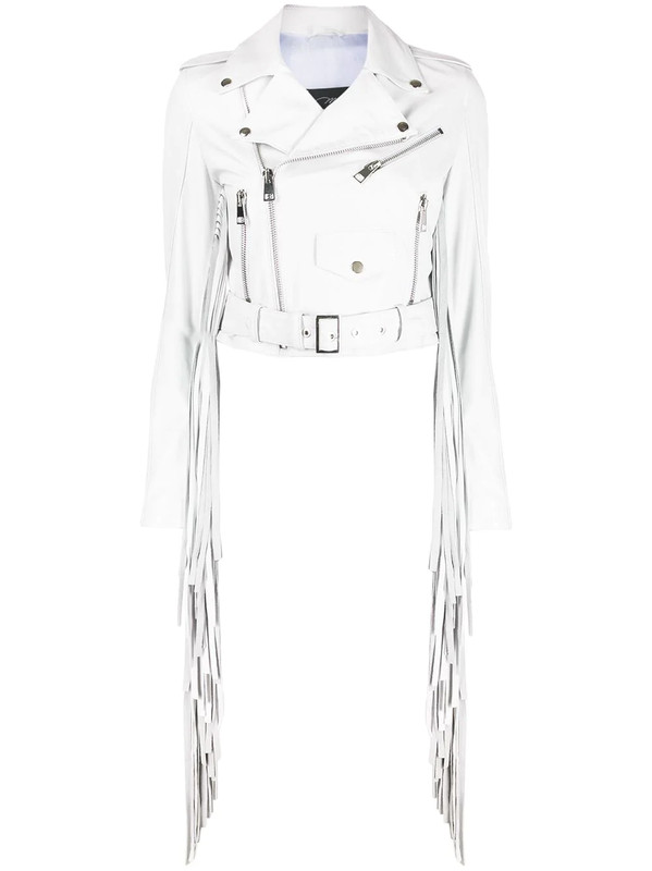 White Leather Jacket Women Pure Lambskin Cropped Biker Fringe Jacket Custom Made