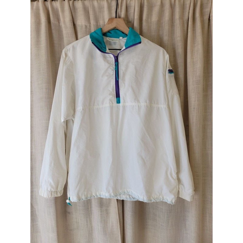 Vintage Frogwear white windbreaker w/teal and purple, women’s S