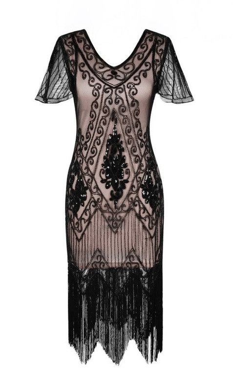 Pretty Guide Great Gatsby Flapper Dress Black Beige Women’s Large NWT Art Deco