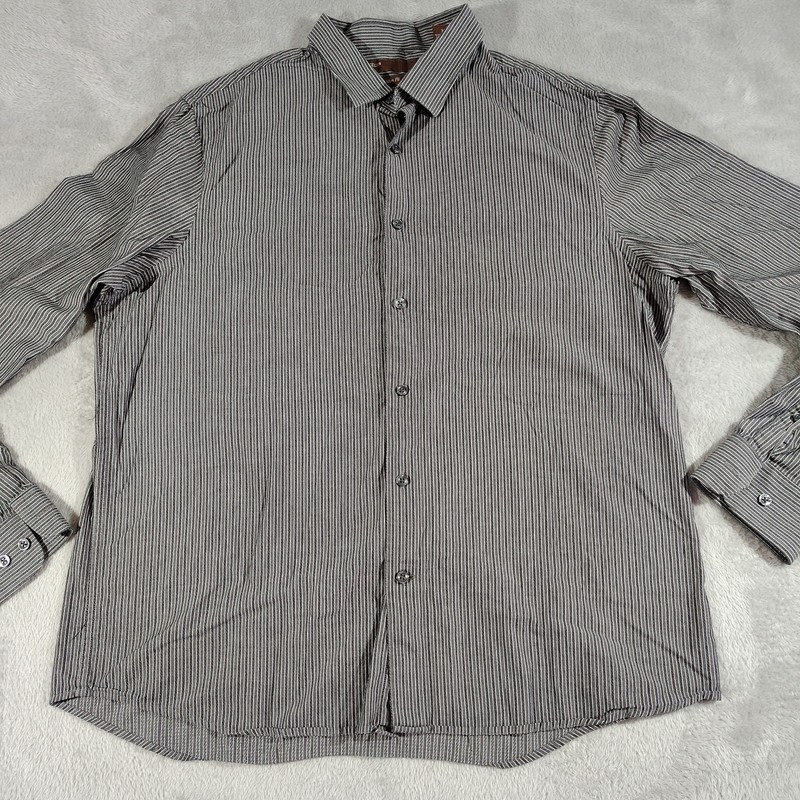 Perry Ellis Shirt Men XL Slim Fit Black/Gray Stripe City Designer Cotton Classic