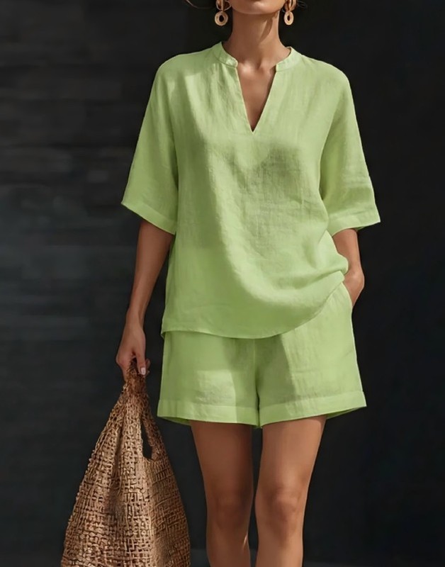 Women Linen Look V Neck Half Sleeve Matching Set High Waist Casual Shorts S-5XL