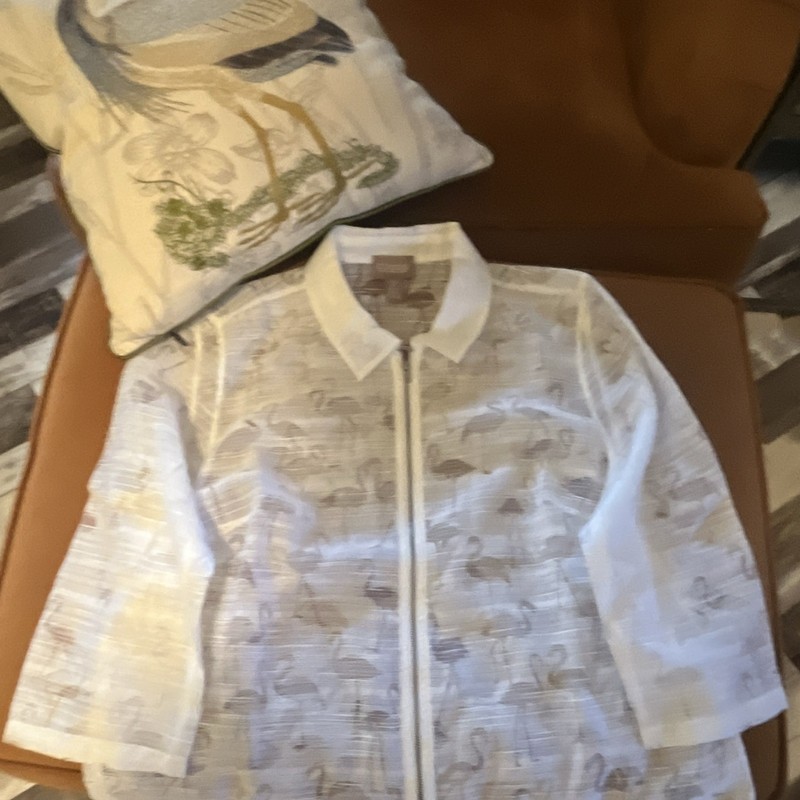 Chico’s Sheer White Flamingo Print Zip Front Collared 3/4 Sleeve Blouse 2