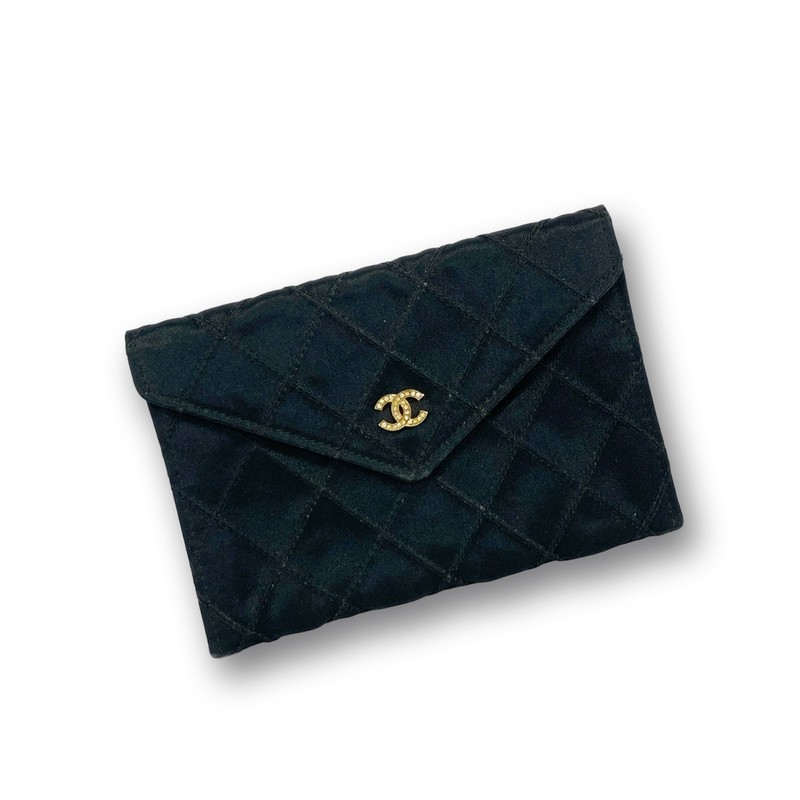 Authentic CHANEL Bicolore Coin Purse Black Satin From Japan