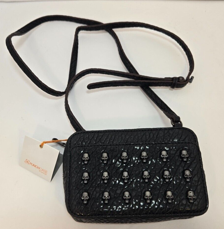 Punchcase by Leslie Hsu Black Vegan Crossbody Bag Skulls NEW