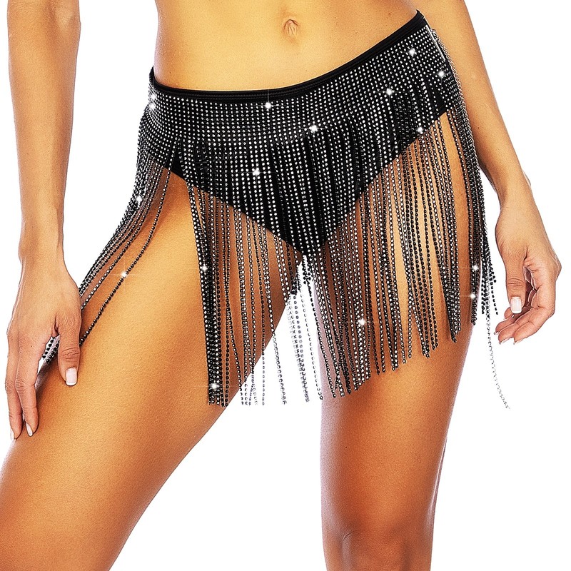 Black Rhinestone Fringe Chain Belt Tassel Waist Body Jewelry Festival Rave OS