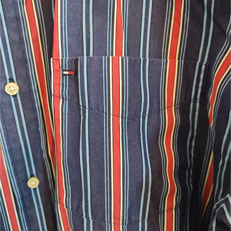 Men 80's Vintage Tommy Hilfiger Navy Blue Red White Striped Button-Down Shirt XL gallery