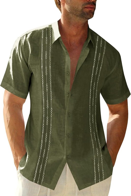 Mens Guayabera Shirt Linen Cotton Embroidered Short Sleeve Cuban Wedding Beach