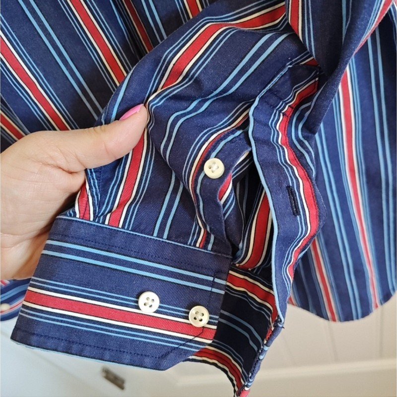 Men 80's Vintage Tommy Hilfiger Navy Blue Red White Striped Button-Down Shirt XL gallery