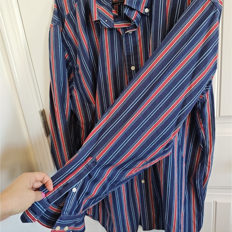 Men 80's Vintage Tommy Hilfiger Navy Blue Red White Striped Button-Down Shirt XL gallery