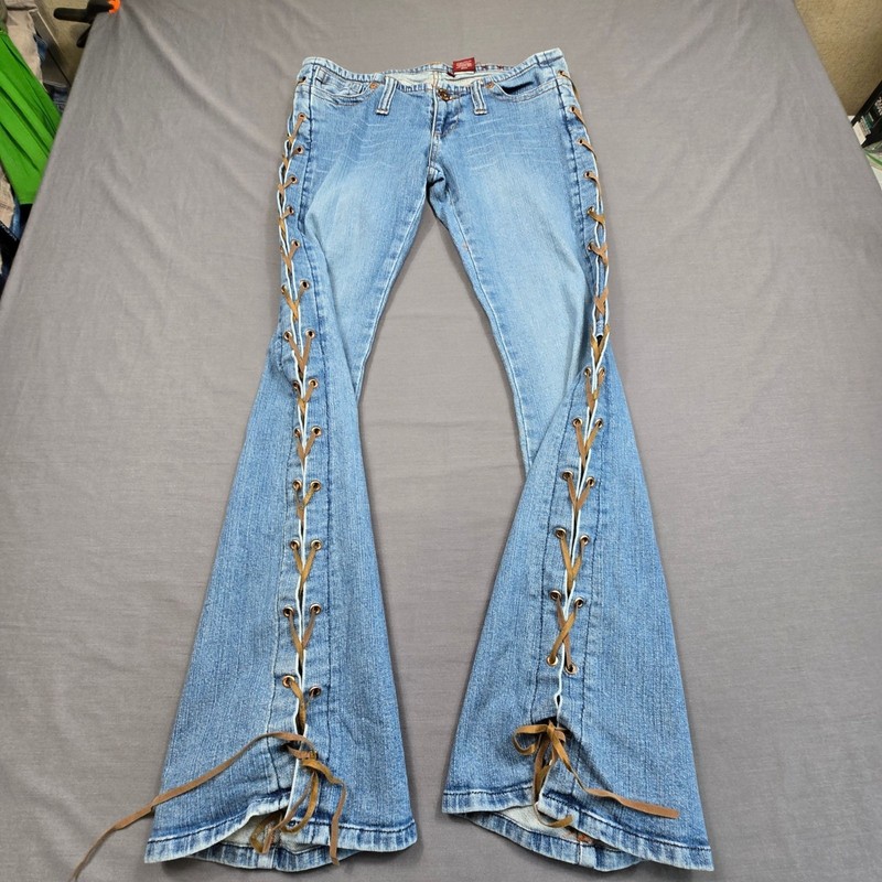 Vintage Y2K 90s Bongo Size 7 Lace-Up Low Rise Flare Jeans Festival Denim Boho gallery