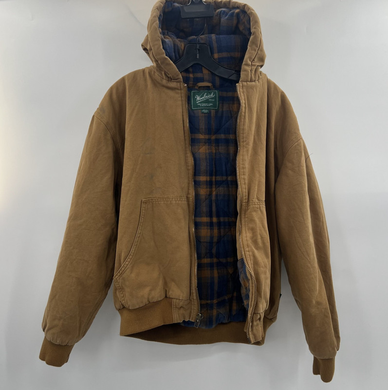 Woolrich Men’s Hooded Canvas Work Jacket Medium Tan Quilted Flannel Lined Bomber