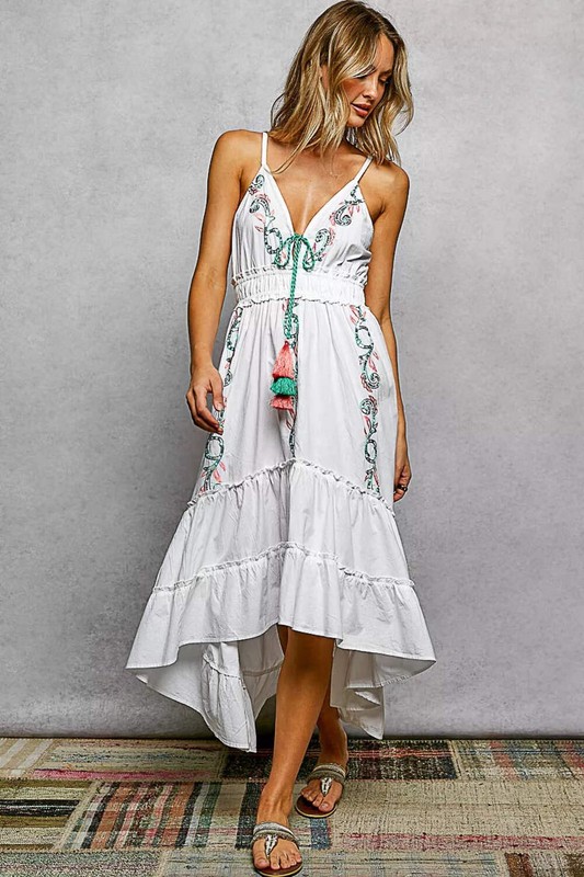 POL 100% Cotton White Embroidered Tassel Tie Smocked Hi-Low Tiered Cami Dress gallery