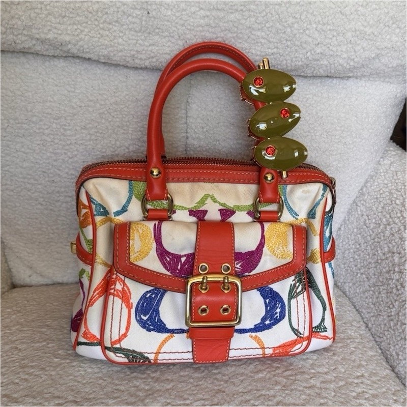 Coach Signature Logo Multicolor/Orange Zip Satchel Charm Double Handle Gold