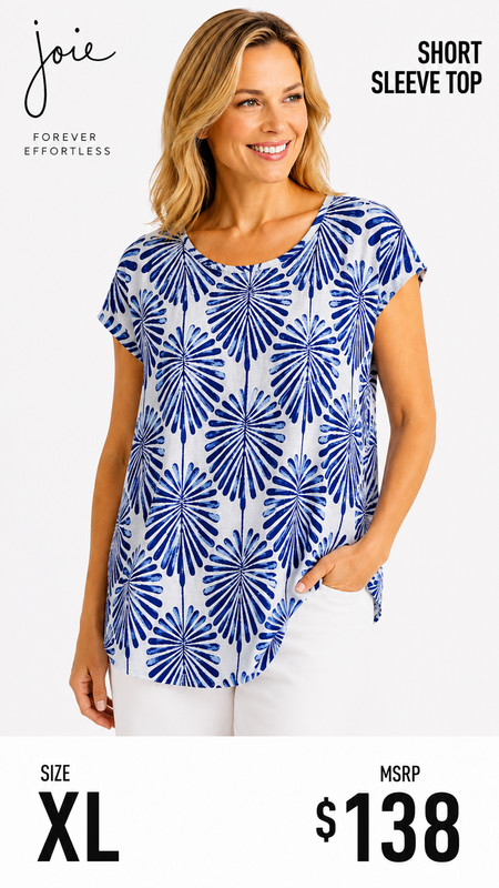3-44 Joie Womens Top XL Blue White Abstract Print Short Sleeve Blouse