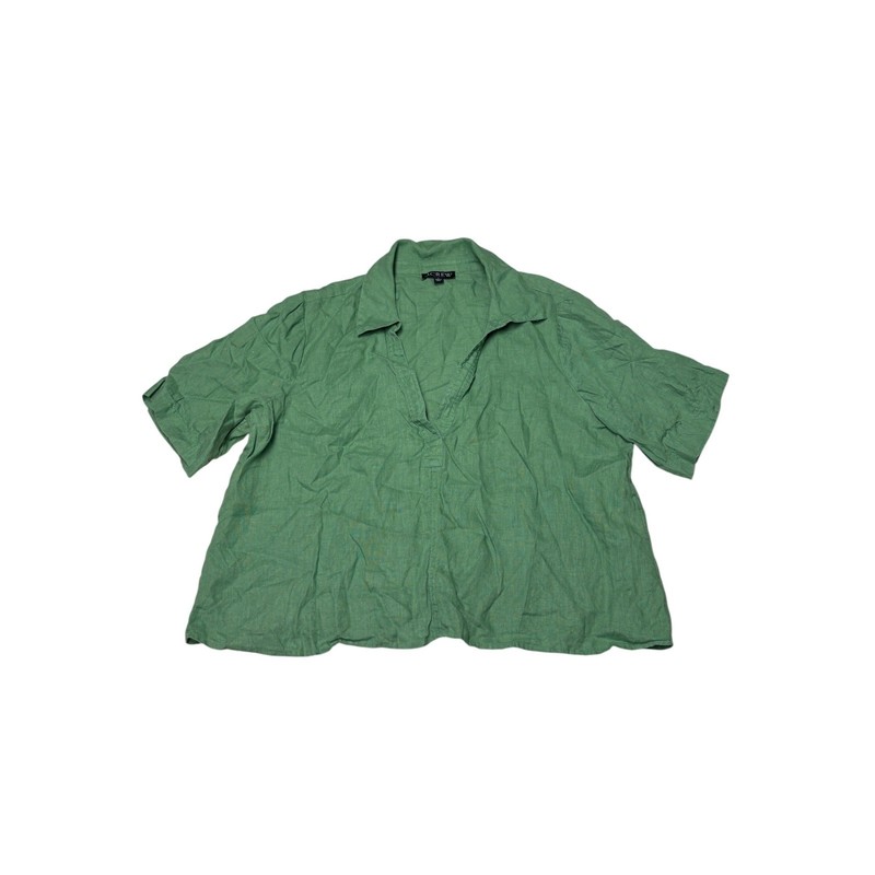 J.Crew Womens Green 100% Linen Short Sleeve V-Neck Popover Top Size L BY694