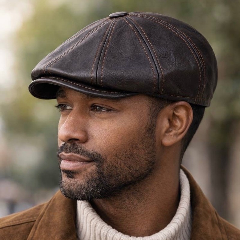 Vintage Brown Real Leather Cabbie Hat Newsboy Ivy Cap Ear Flaps gallery