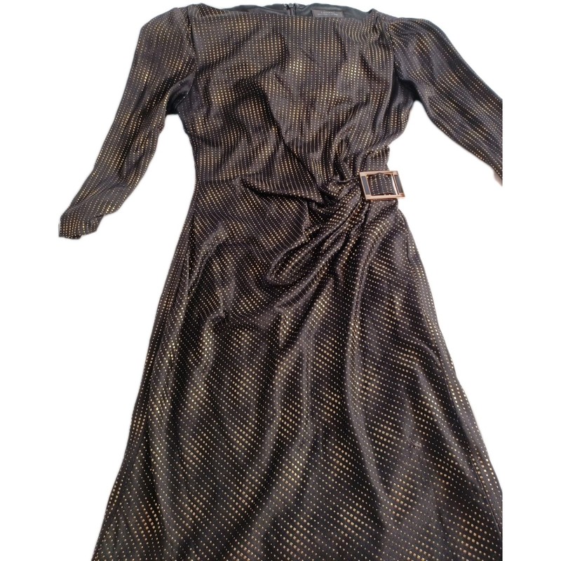 Tahari Black and gold coctail dress with rouched side gold buckle
