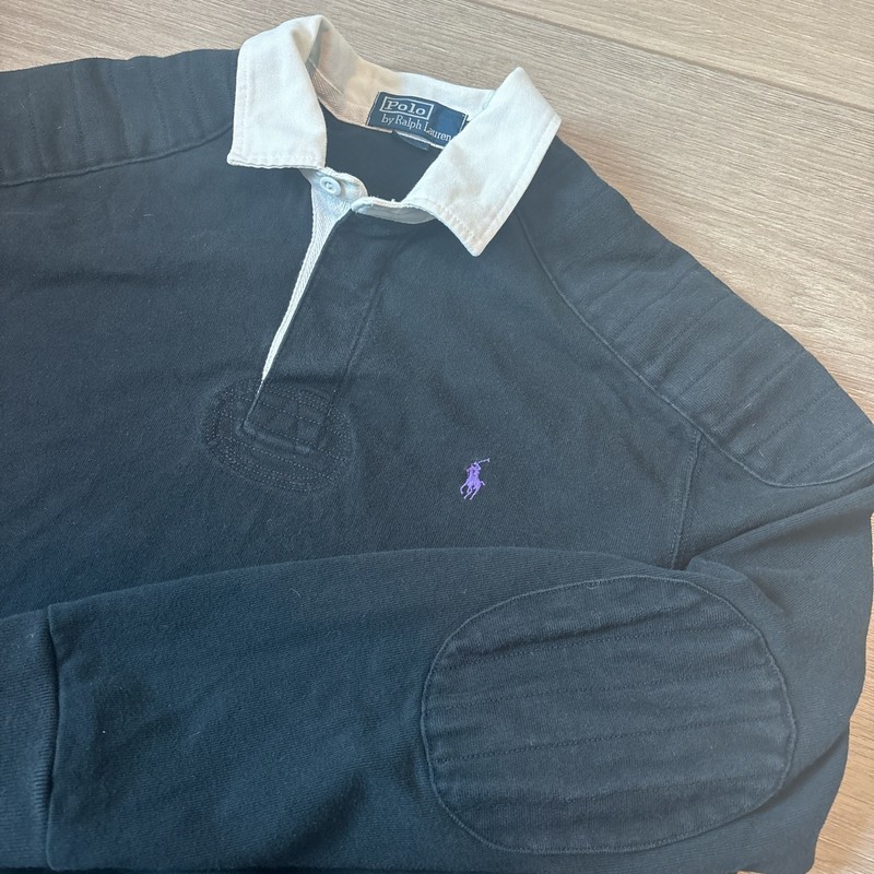 Vintage Polo Ralph Lauren Men L Rugby Shirt Black White Pony Heavy 100% Cotton