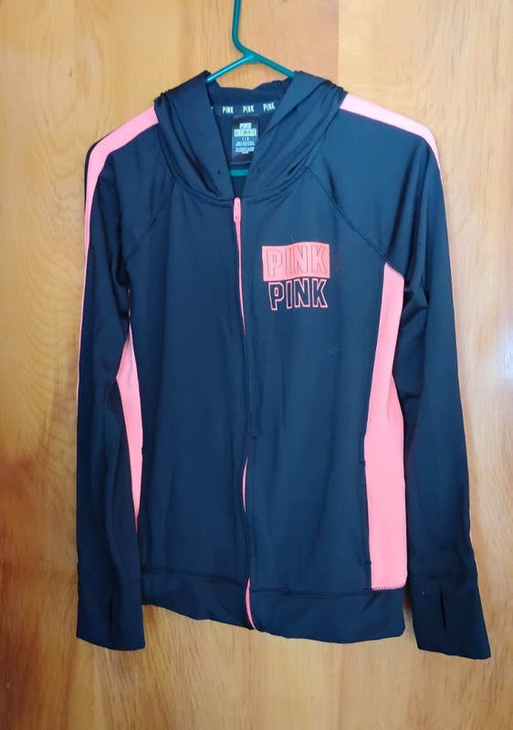 PINK Ultimate Logo Colorblock Full Zip Hooded Fleece Hoodie w/ Pockets Women L