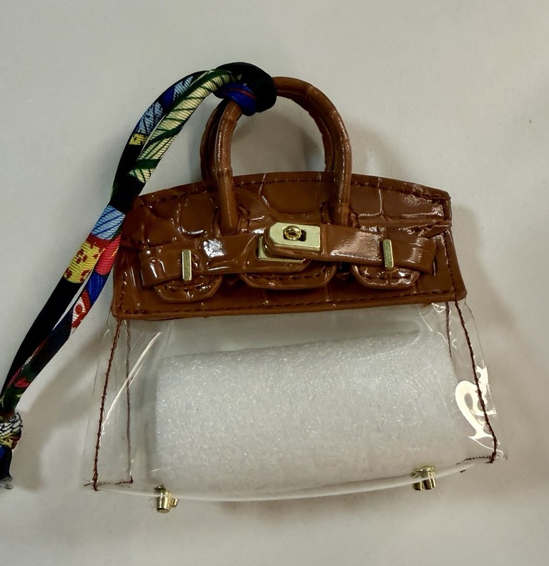 Mini Handbag Brown Faux Leather & Clear Plastic Tote, handbag keychain