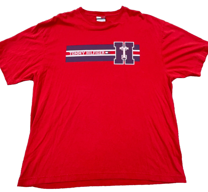 Vintage Tommy Hilfiger Shirt Men XL Red Blue Tee Spell Out 90s Y2K 2000s Logo 69